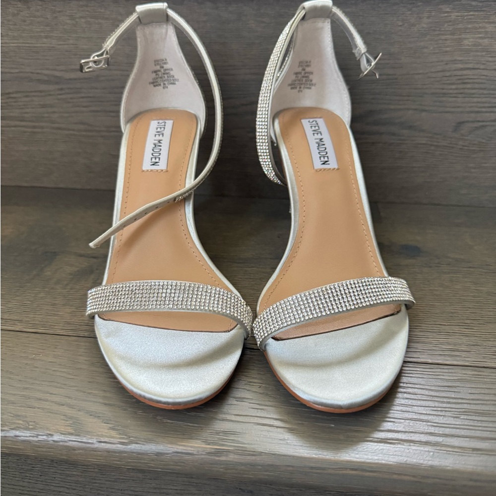 Steve Madden Silver Strappy Heels with Rhinestone Embellishments
